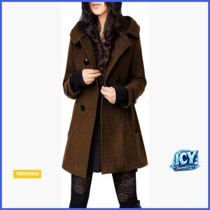 Wool Pea Coat with Hood Double Breasted Trench Coat